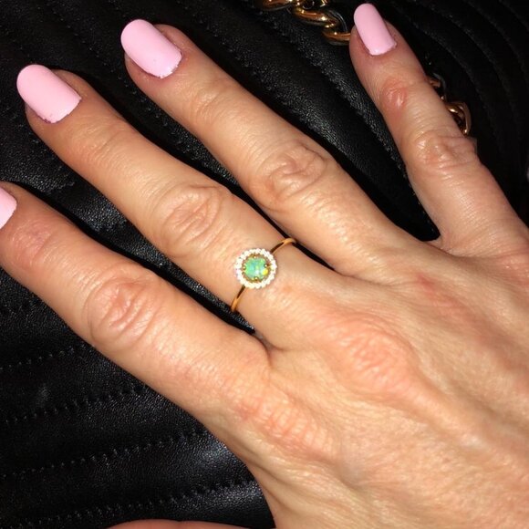 Neiman Marcus 14K Gold Plated Adjustable Halo Green Created Opal Ring - Picture 1 of 4